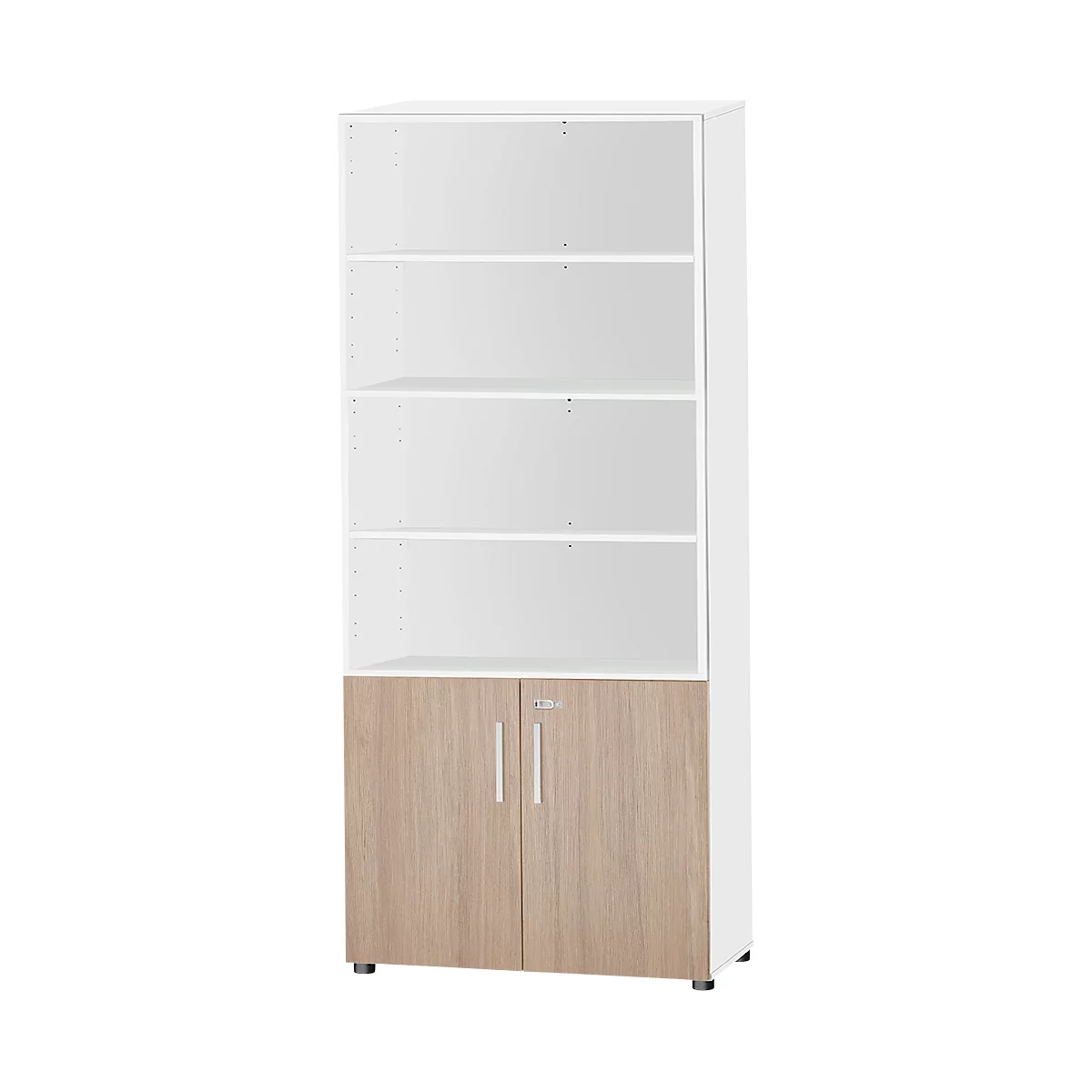 Grande armoire blanche avec quatre étagères. La partie inférieure est en imitation bois avec deux portes.