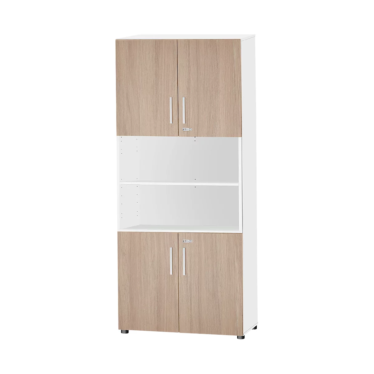 Armoire haute avec deux portes en haut et en bas, partie centrale blanche avec étagères. Portes couleur bois avec poignées argentées.