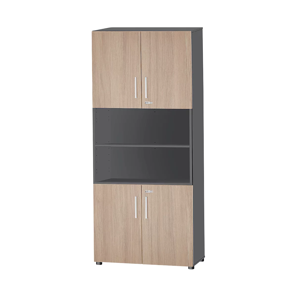 Armoire haute avec portes brun clair et un compartiment ouvert et sombre au milieu. Poignées et pieds argentés.