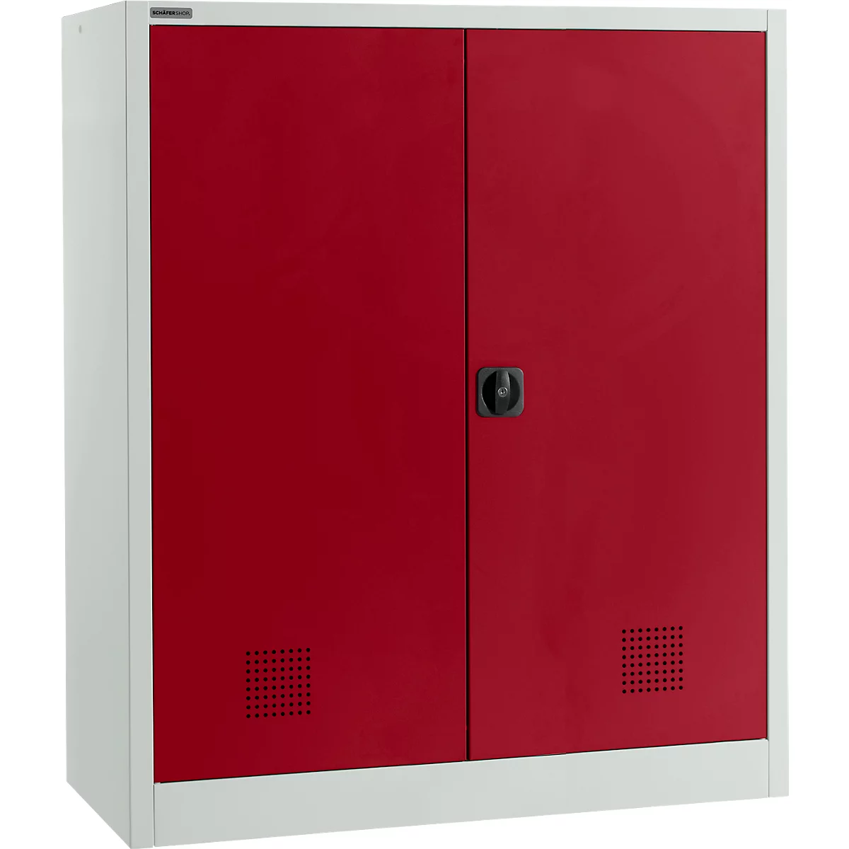 Armoire rouge avec deux portes et une poignée.