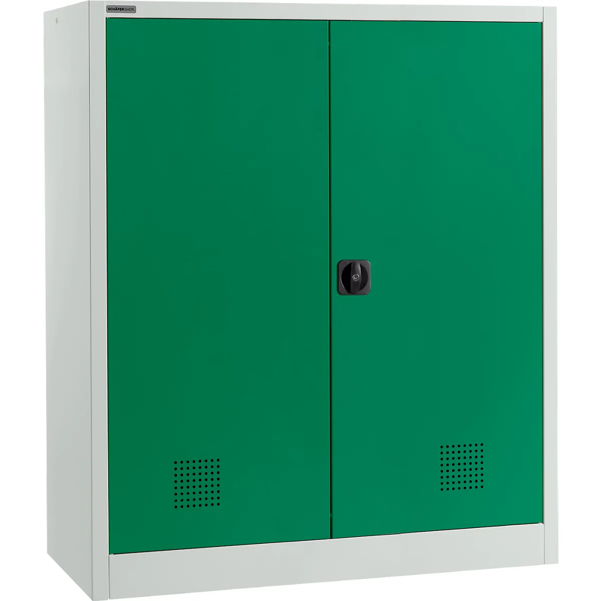 Armoire verte à deux portes et poignée noire. Encadrement blanc. Deux trous de ventilation.