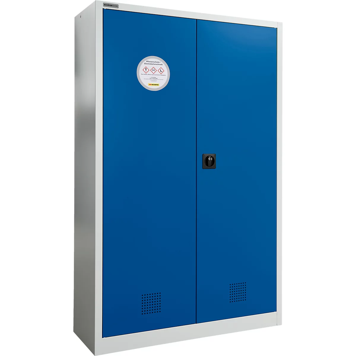 Armoire bleue pour matières dangereuses avec cadres blancs. Un panneau d'avertissement rond sur la porte. Poignée noire.