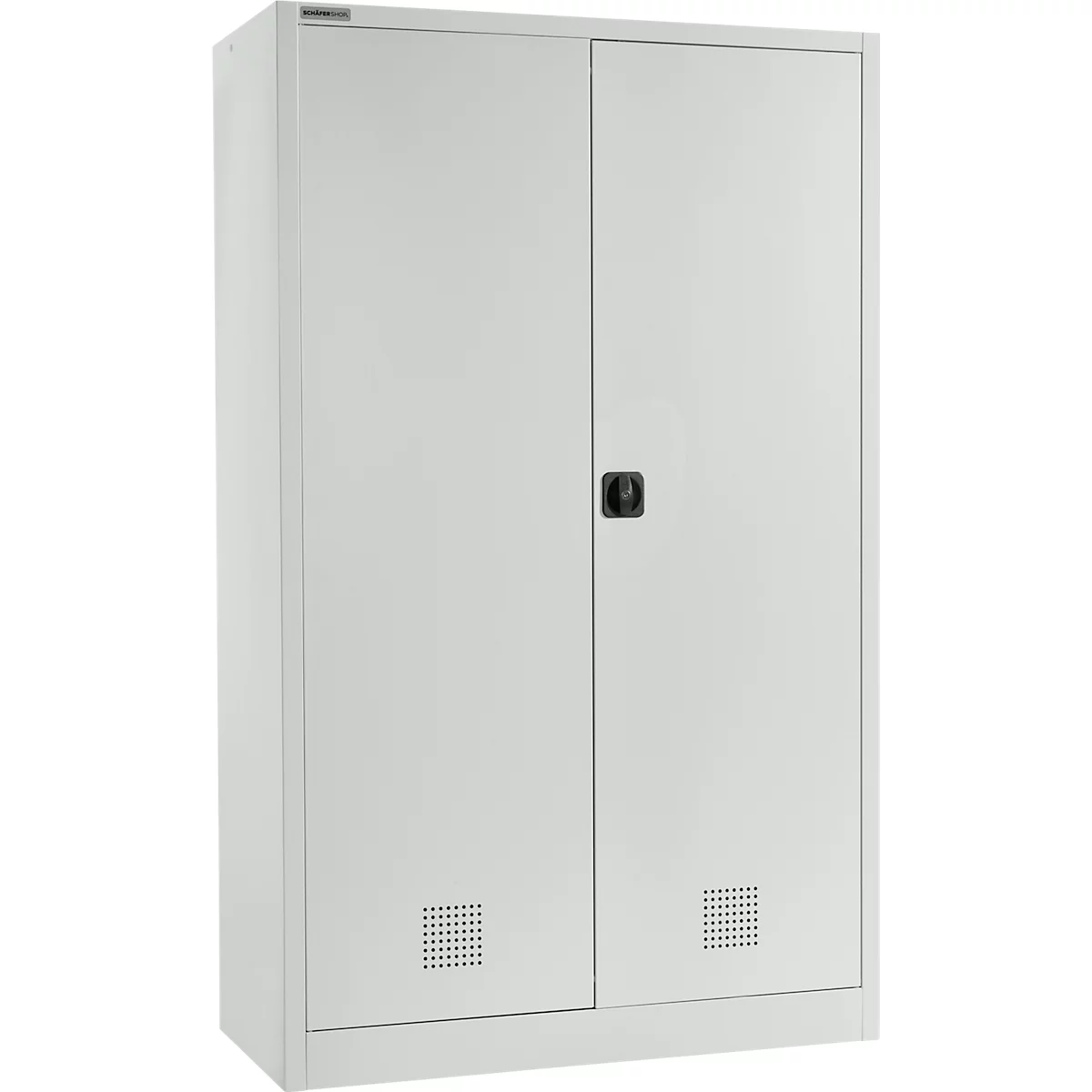 Armoire en acier blanche, deux portes, poignée noire, fentes de ventilation. Sur fond clair.