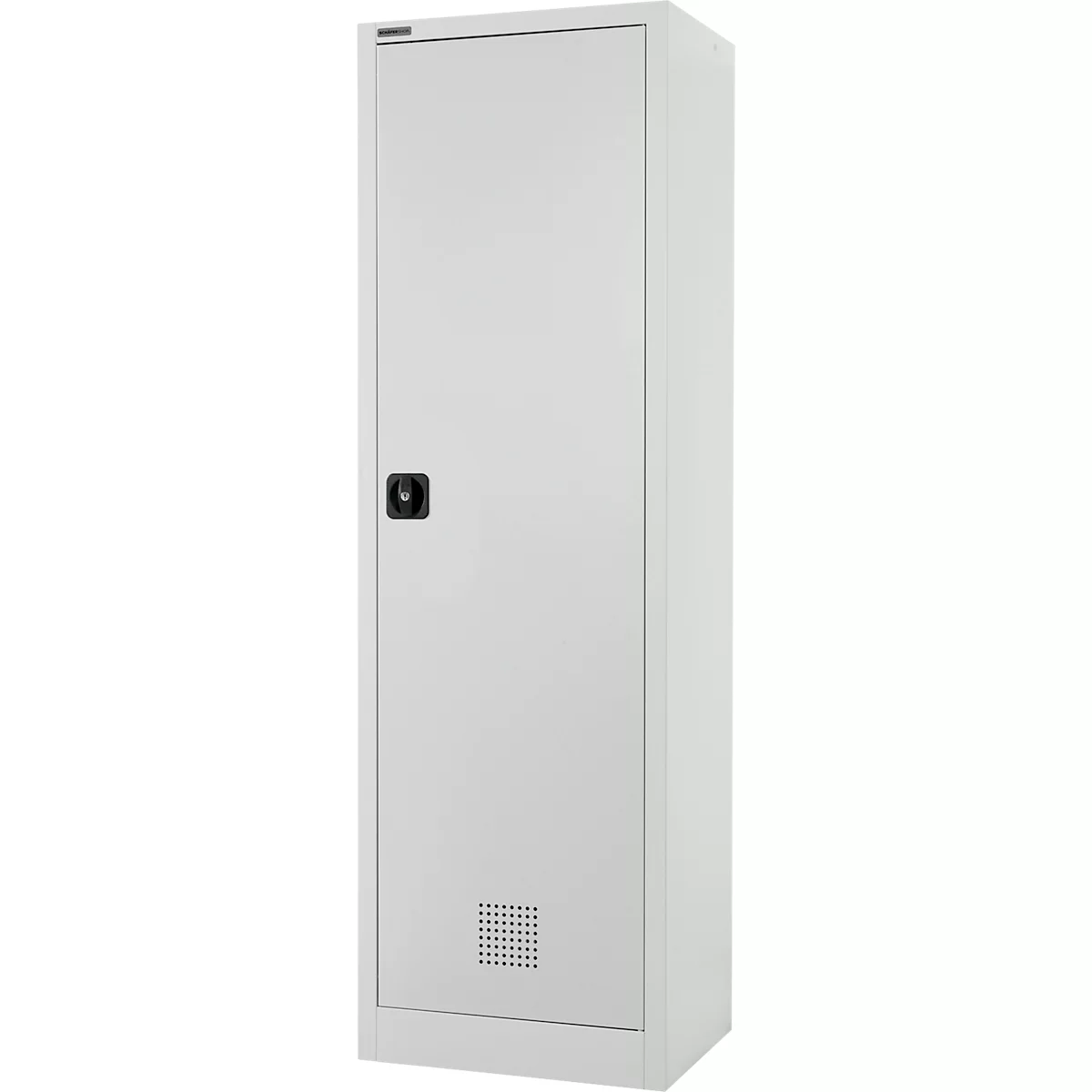Armoire en acier gris avec porte, poignée et fentes de ventilation.