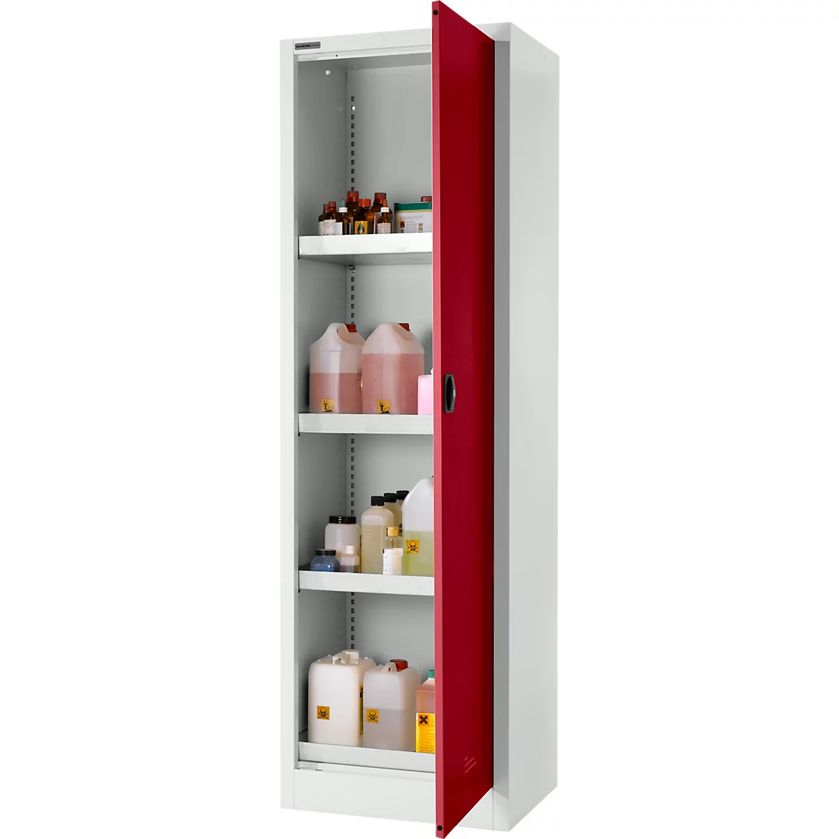 Armoire en acier blanc, porte rouge. Ouverte, intérieur rempli de bouteilles et de bidons.
