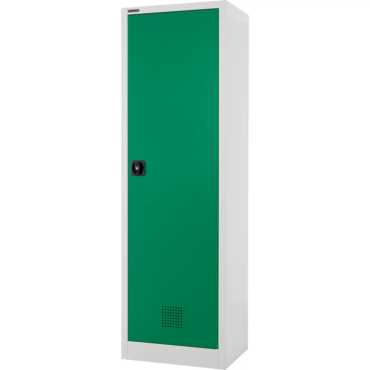 Une armoire blanche et verte, avec une porte verte, une poignée noire et des fentes d'aération. La porte est entourée sur un côté d'un cadre blanc.