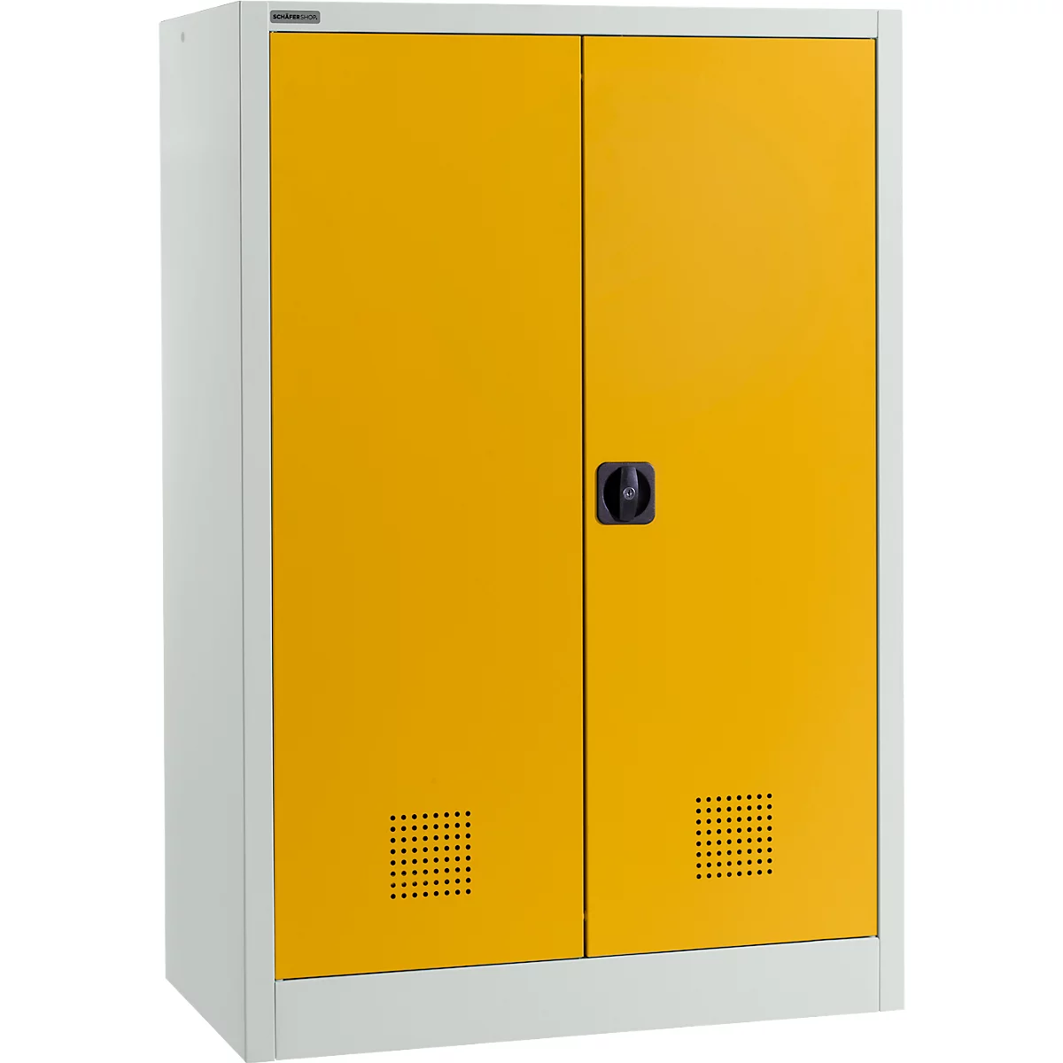 Armoire jaune avec cadre et poignée blancs ; deux portes, ouvertures de ventilation carrées.