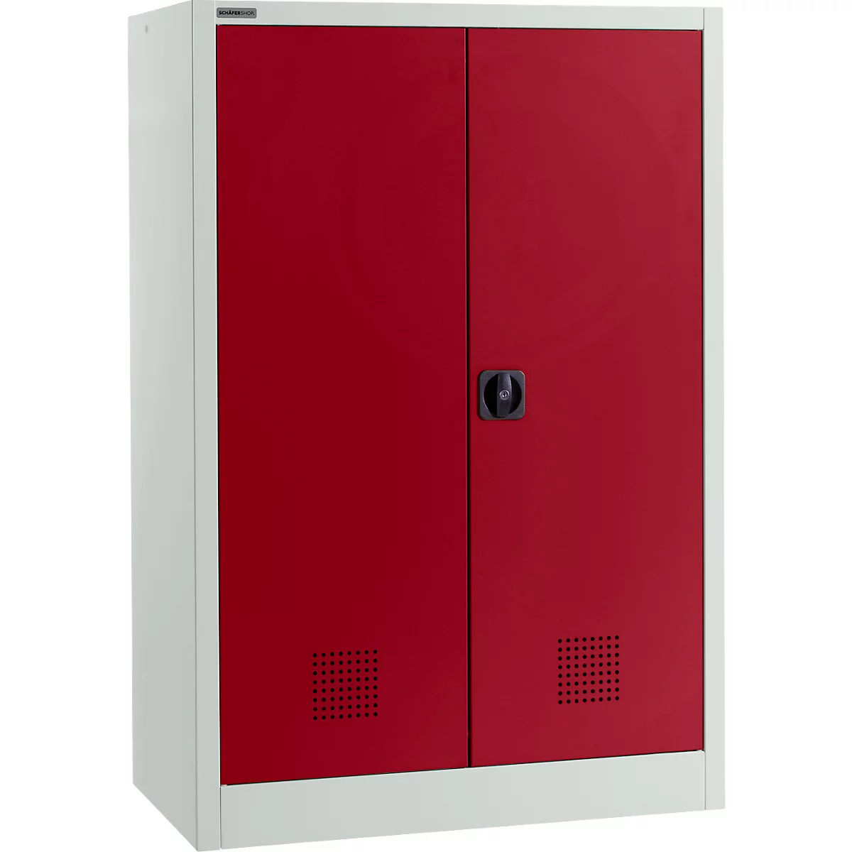 Armoire rouge à deux portes avec poignée noire. Cadre blanc. Trous de ventilation en bas.