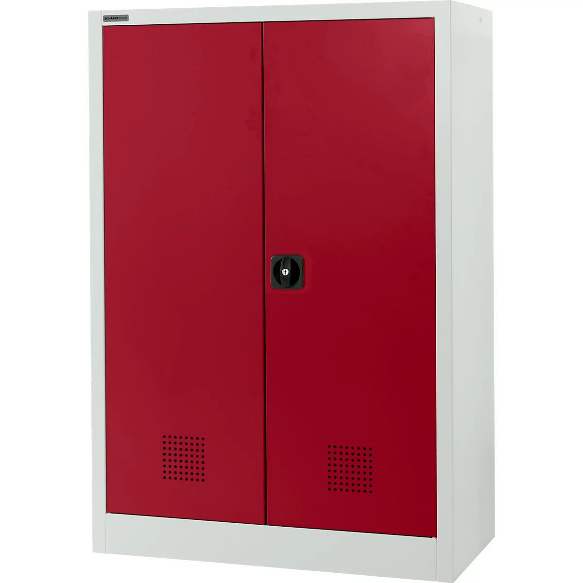 Armoire rouge à deux portes, cadre blanc et poignée noire.