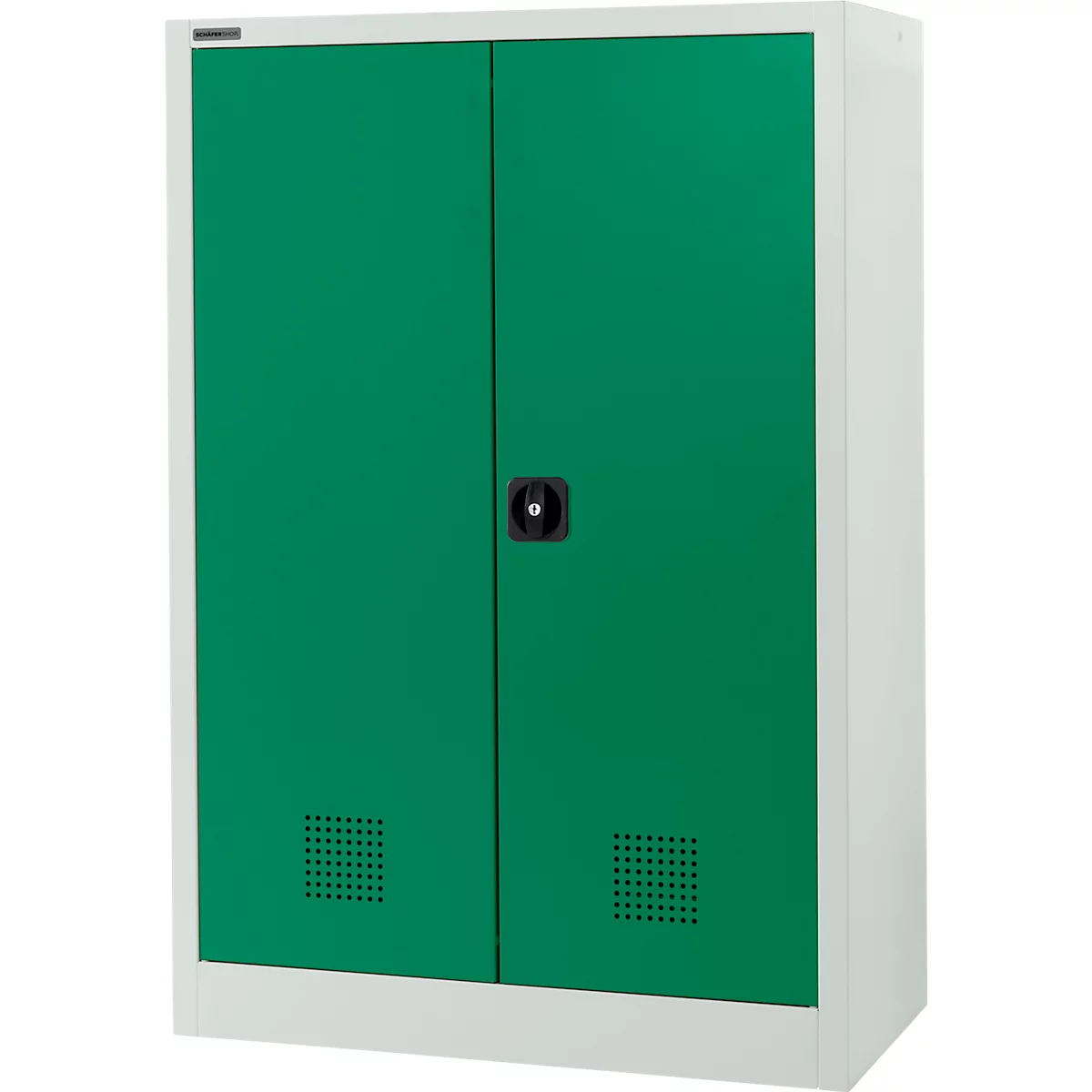 Une armoire blanche et verte avec deux portes, une poignée noire et des fentes d'aération.