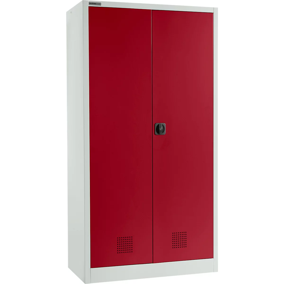 Armoire à portes rouges et cadre blanc. Deux portes avec une poignée noire et des aérations.