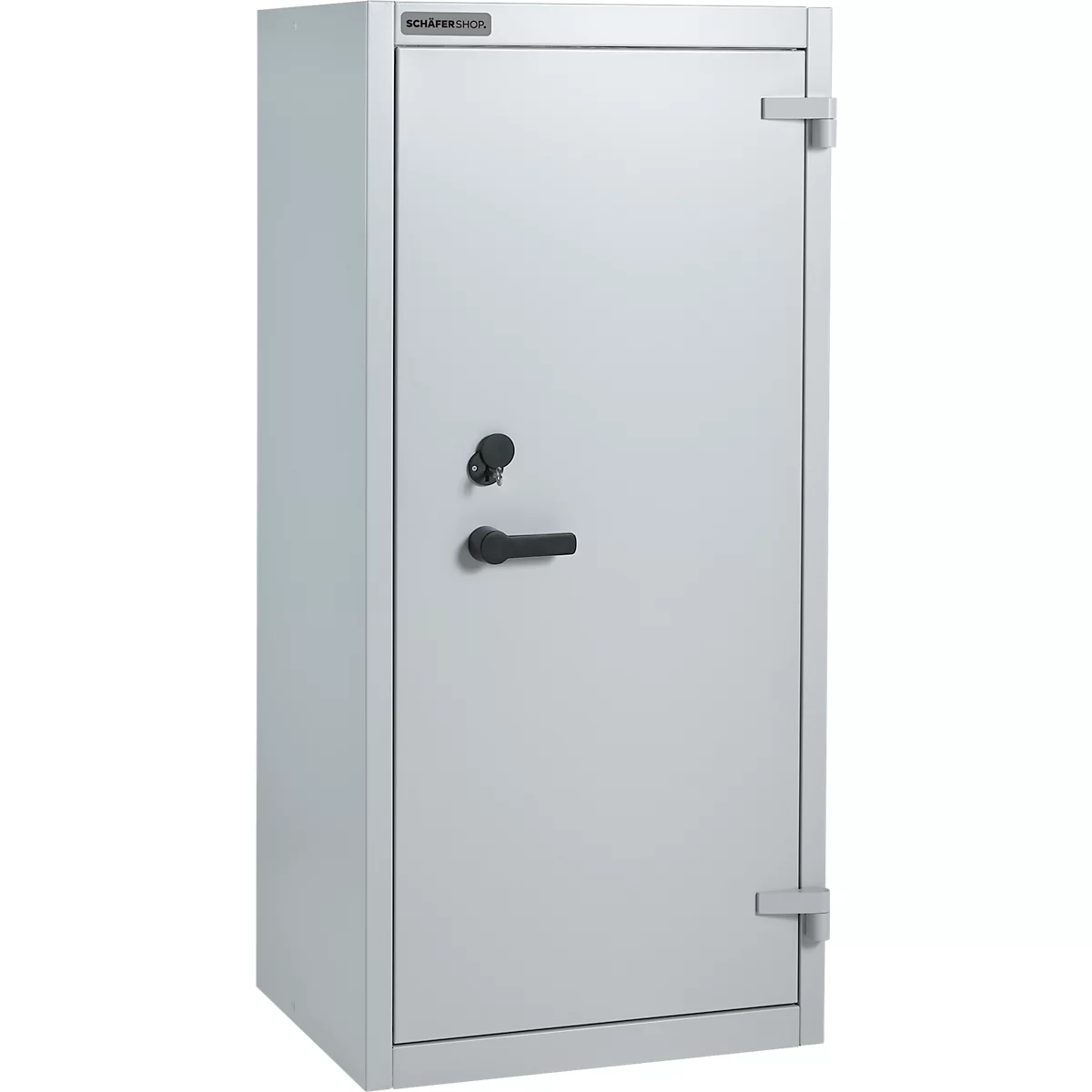 Coffre-fort gris sur fond blanc. Poignée et bouton noirs.