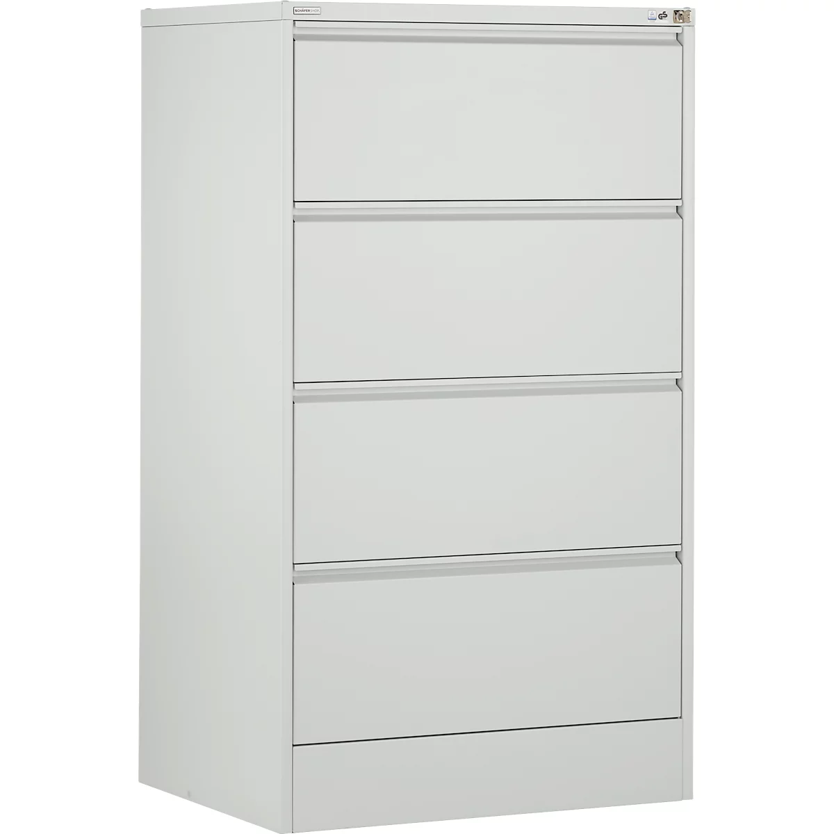 Classeur gris à quatre tiroirs. Métal, design simple, propre, fond neutre.
