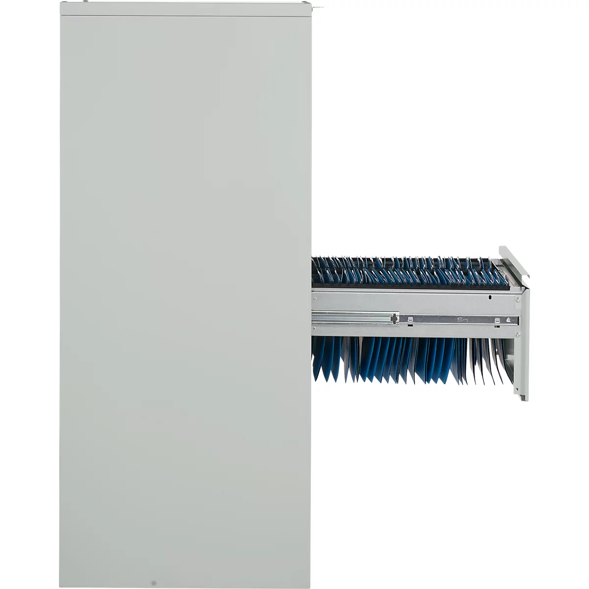 Schäfer Shop Select Armoire pour dossiers suspendus L 780 x P 580 x H 1350 mm, tôle d'acier gris clair, 4 tiroirs à deux voies + 50 dossiers suspendus DIN A4, bleu