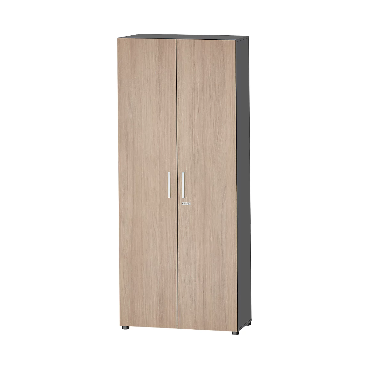 Armoire avec veinage du bois, deux portes, poignées argentées.
