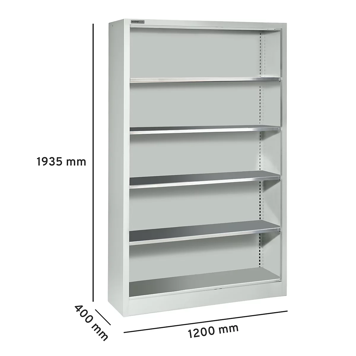 Lichtgrijze plank met vijf planken, afmetingen: 1935 mm hoog, 400 mm diep, 1200 mm breed.