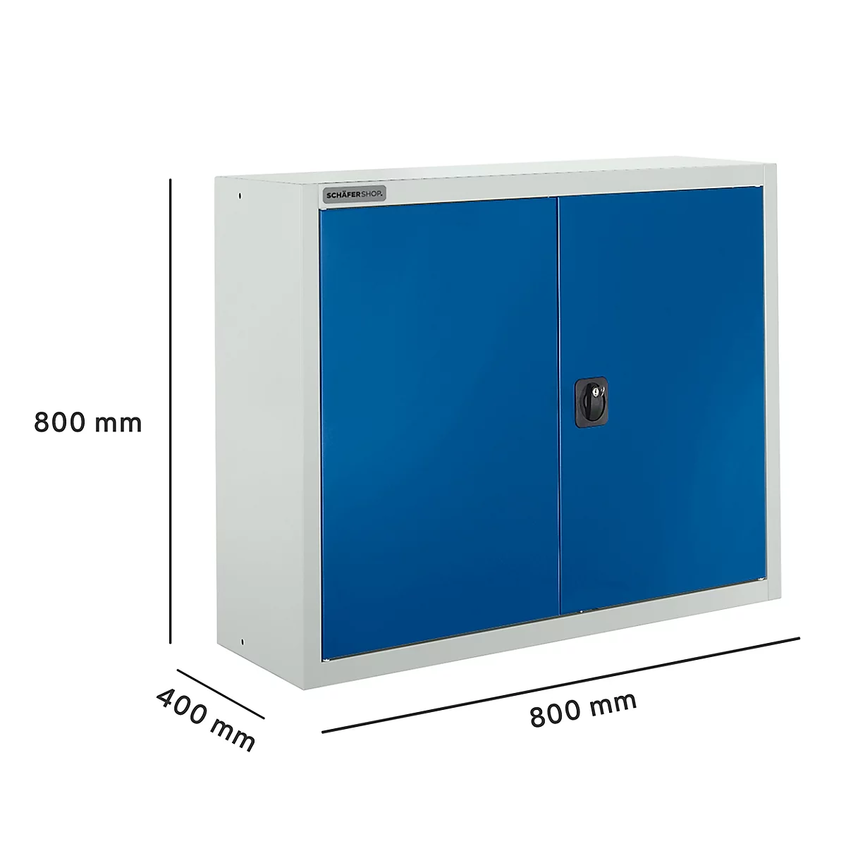 Wandschrank mit blauen Türen und weißem Rahmen. Maße: 800 x 800 x 400 mm.
