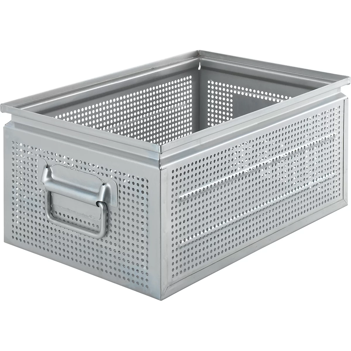 Boîte en métal gris perforée avec poignée. Perforation visible à travers des trous. Forme rectangulaire.