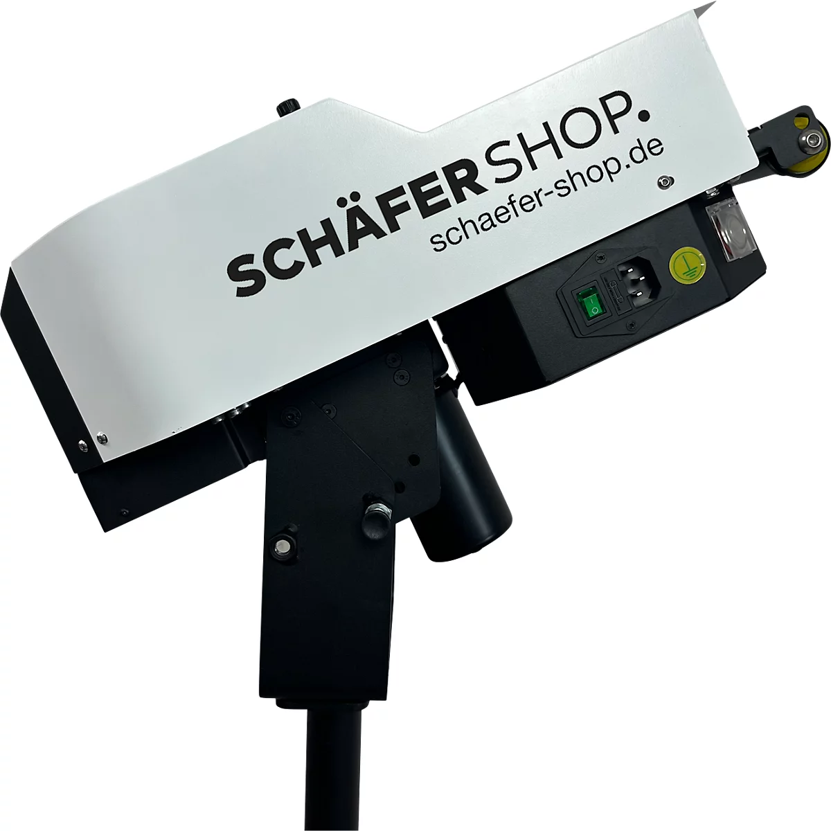 Machine-vormig object, wit en zwart. Opschrift: SCHÄFER SHOP.