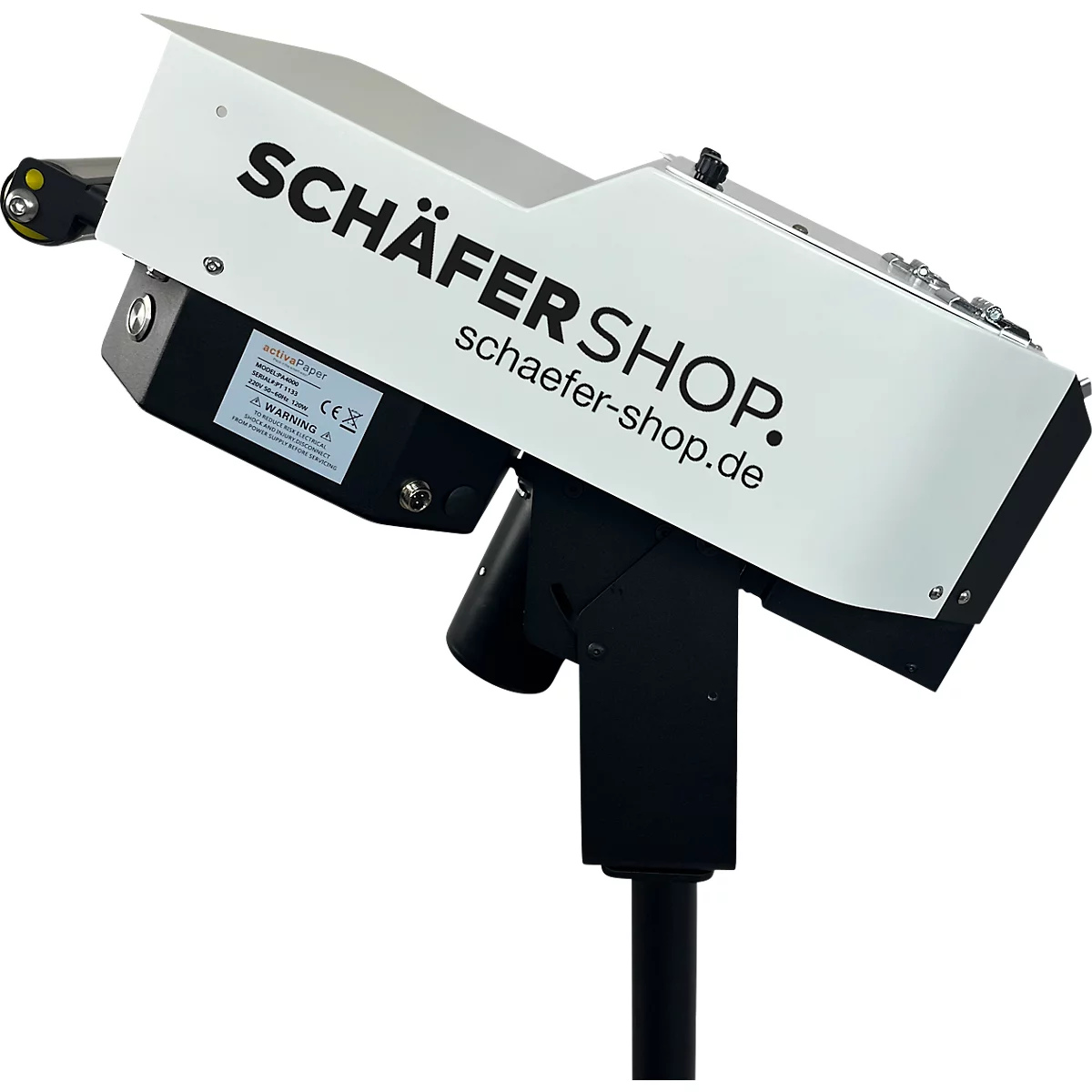 Zwart-wit apparaat met "SCHÄFER SHOP" belettering en bedrijfs-URL. Op een zwarte standaard. Verlichting.