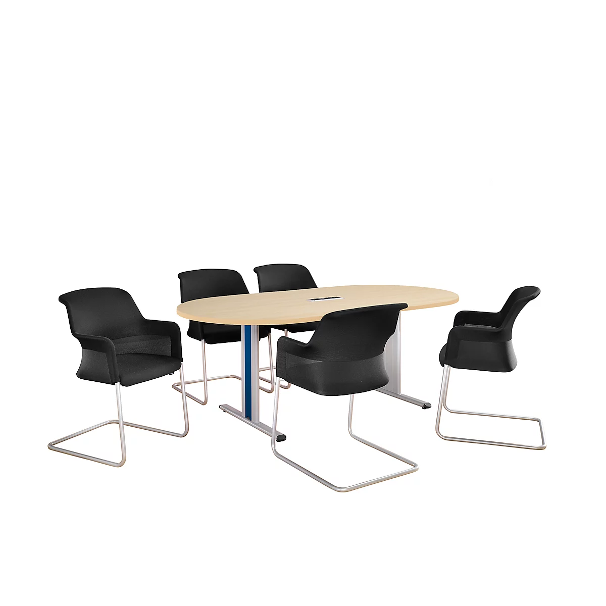 Schäfer Shop Select Besprechungstisch Planova Basic, mit Tischanschlussfeld, Oval, T-Fuß, B 2000 x T 1000 x H 717 mm, Ahorn/weißaluminium RAL 9006