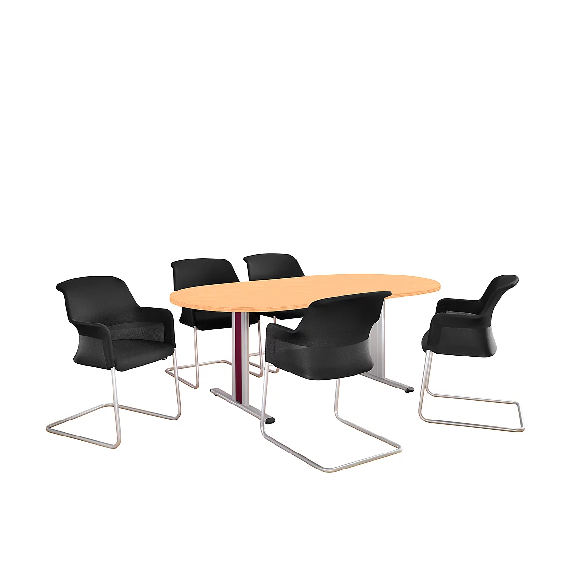 Schäfer Shop Select Besprechungstisch Planova Basic, Oval, T-Fuß, B 2000 x T 1000 x H 717 mm, Buche/weißaluminium RAL 9006
