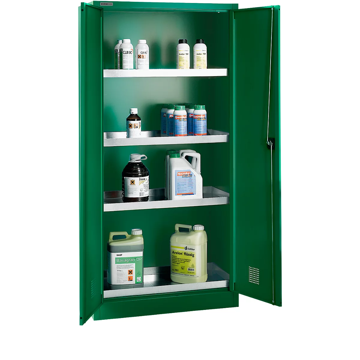 Schäfer Shop Select bestrijdingsmiddelen- en chemicaliënkast, staal, B 950 x D 500 x H 1935 mm, 4 WHG bakken, 4 x 20 l