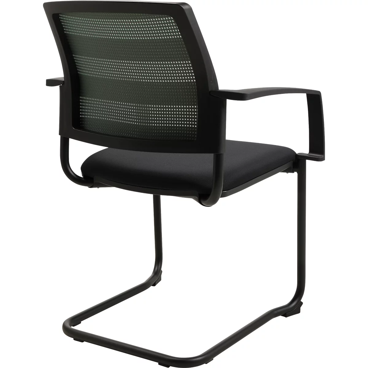 Schwarzer Freischwinger-Bürostuhl mit Netzrückenlehne. Schwarzes Gestell und Armlehnen.