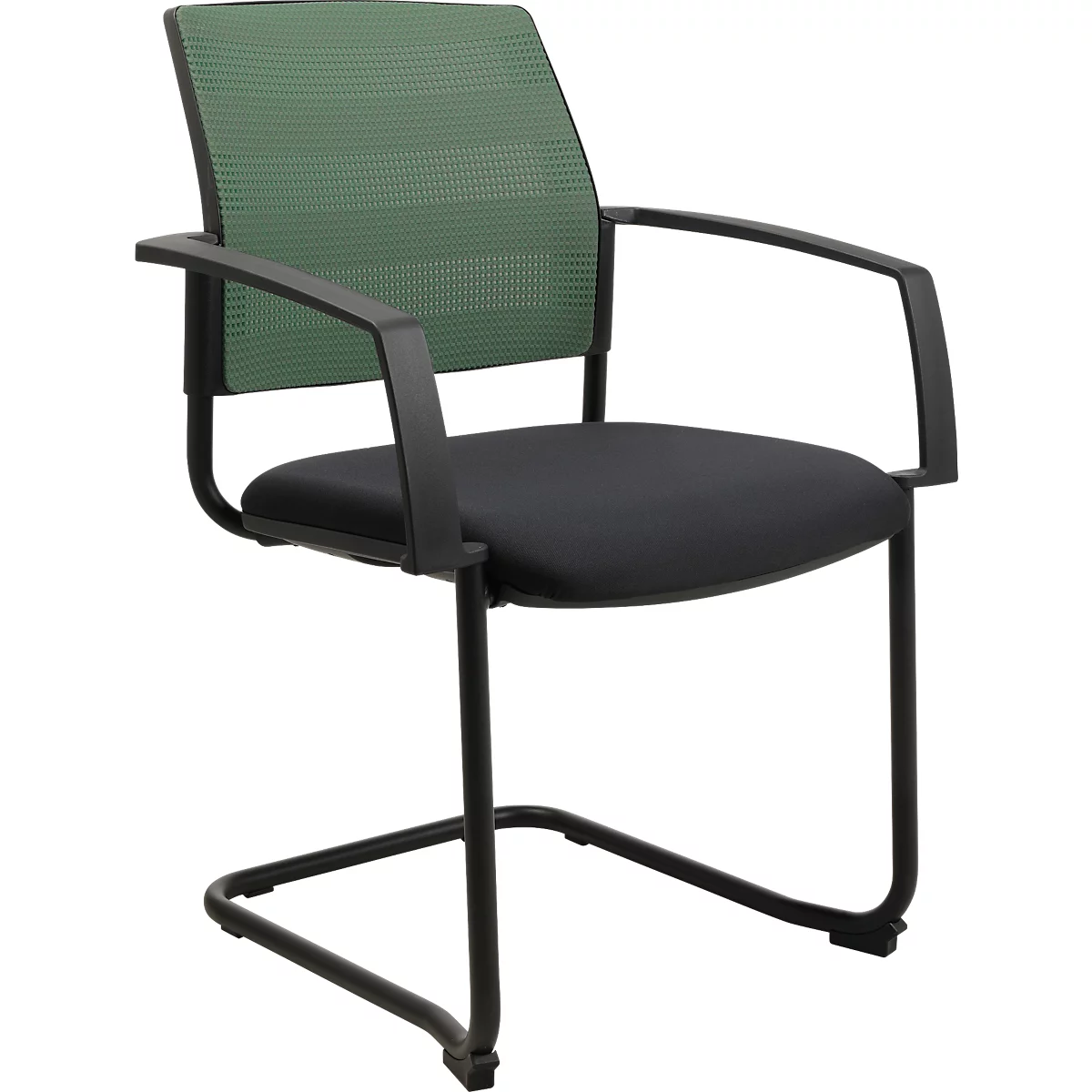 Schwarzer Freischwinger-Bürostuhl mit grüner Netzlehne und schwarzen Armlehnen.