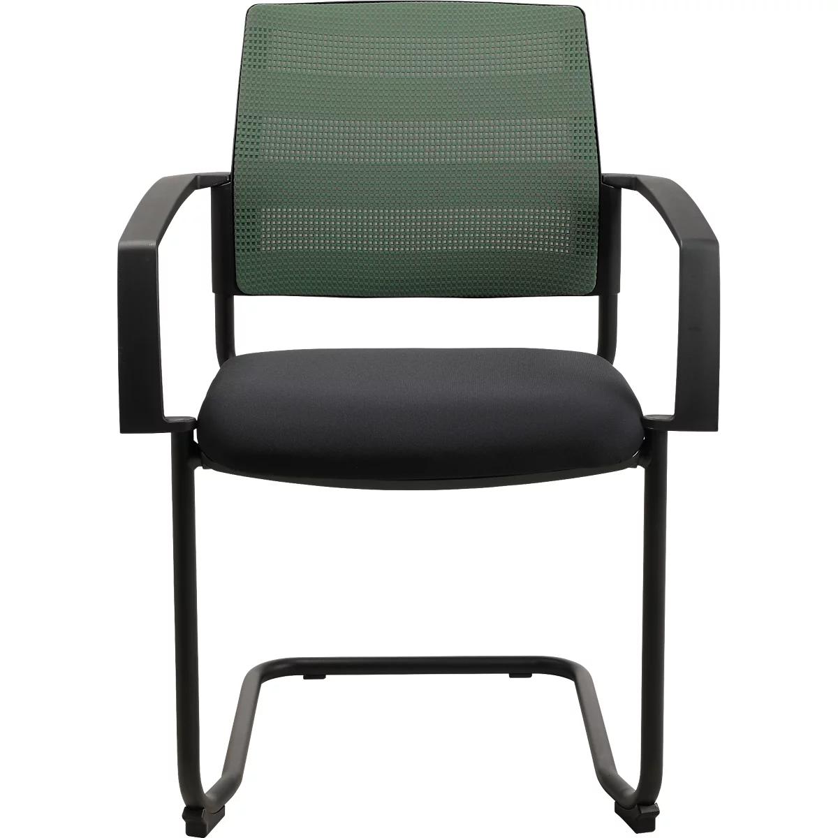 Schwarzer Freischwinger-Bürostuhl mit grünem Netzrücken und Armlehnen.