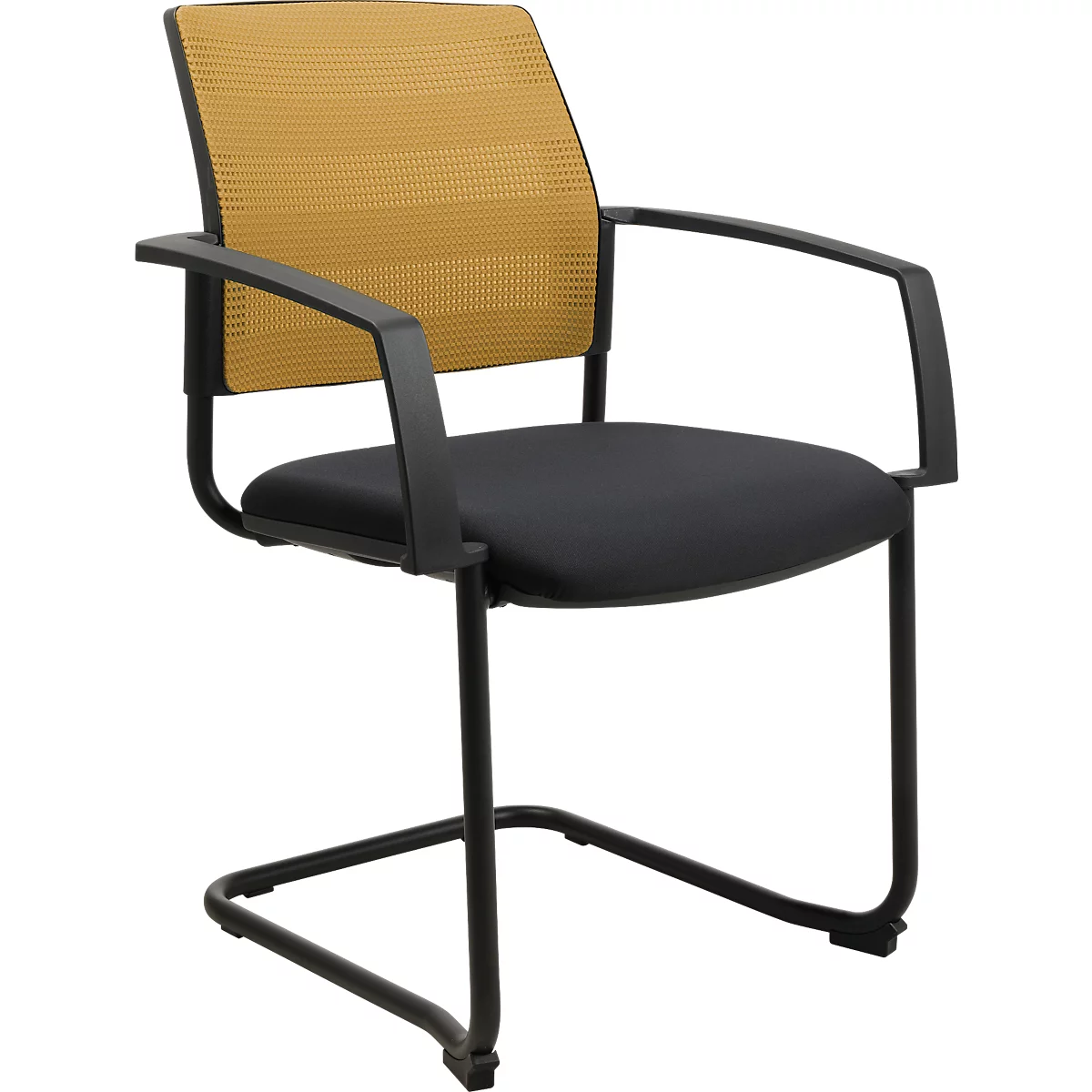 Schwarzer Freischwinger-Bürostuhl mit gelbem Netzrücken und Armlehnen.