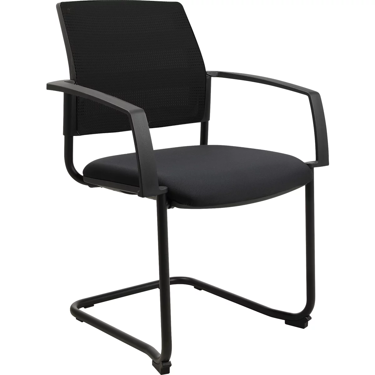 Schwarzer Freischwinger-Bürostuhl, Armlehnen. Sitzfläche und Rückenlehne sind gepolstert.