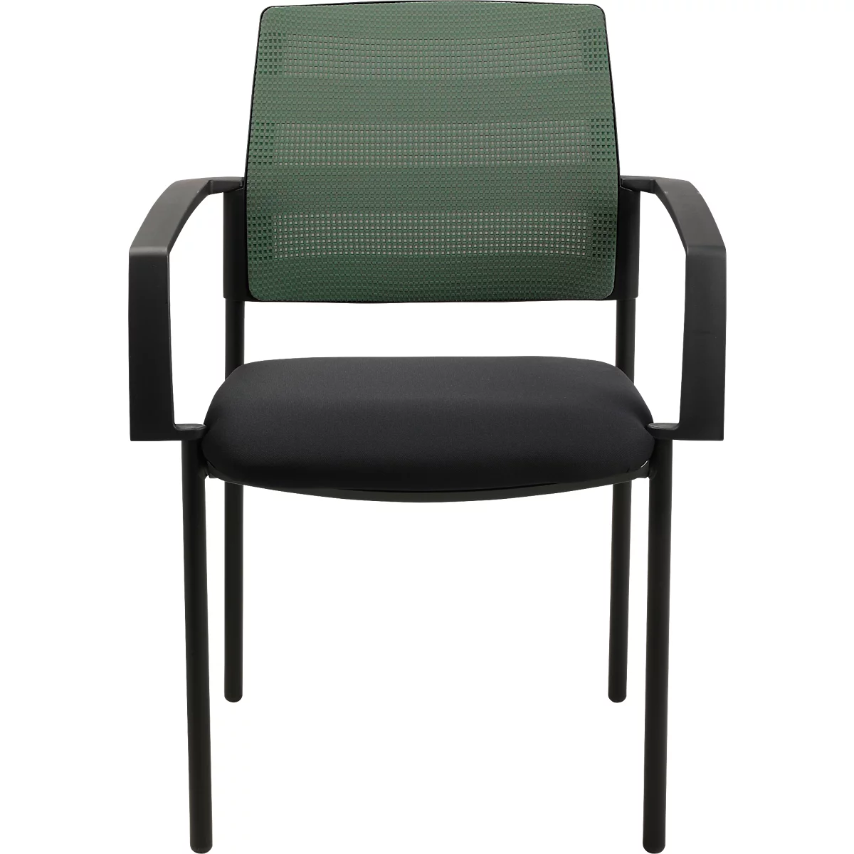 Bürostuhl mit grünem Netzrücken, schwarzer Sitzfläche und schwarzen Armlehnen.