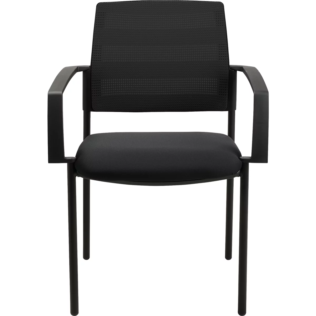 Schwarzer Bürostuhl: Rückenlehne aus Netzstoff, Sitz gepolstert, Armlehnen und Beine aus Metall.