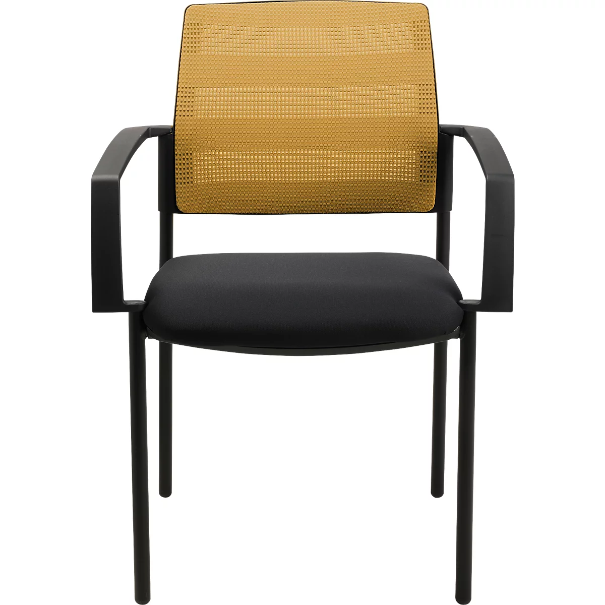 Bureaustoel met zwart frame, zwarte zitting en mosterdgele mesh rug.