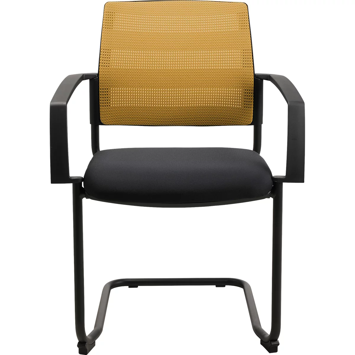 Bureaustoel met zwarte zitting en armleuningen, gele mesh rug. Zwart metalen frame in een gebogen vorm.
