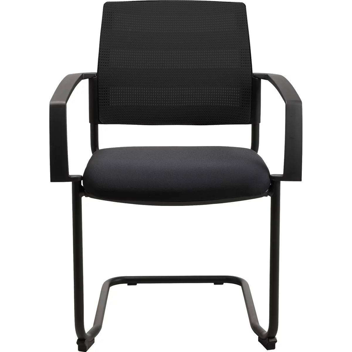Zwarte bezoekersstoel, mesh rug, armleuningen, cantilever frame. Zitting van kunstleer.