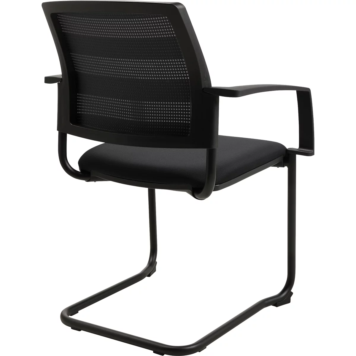 Zwarte sledestoel. Rugleuning van mesh, gestoffeerde zitting, armleuningen. Modern design.