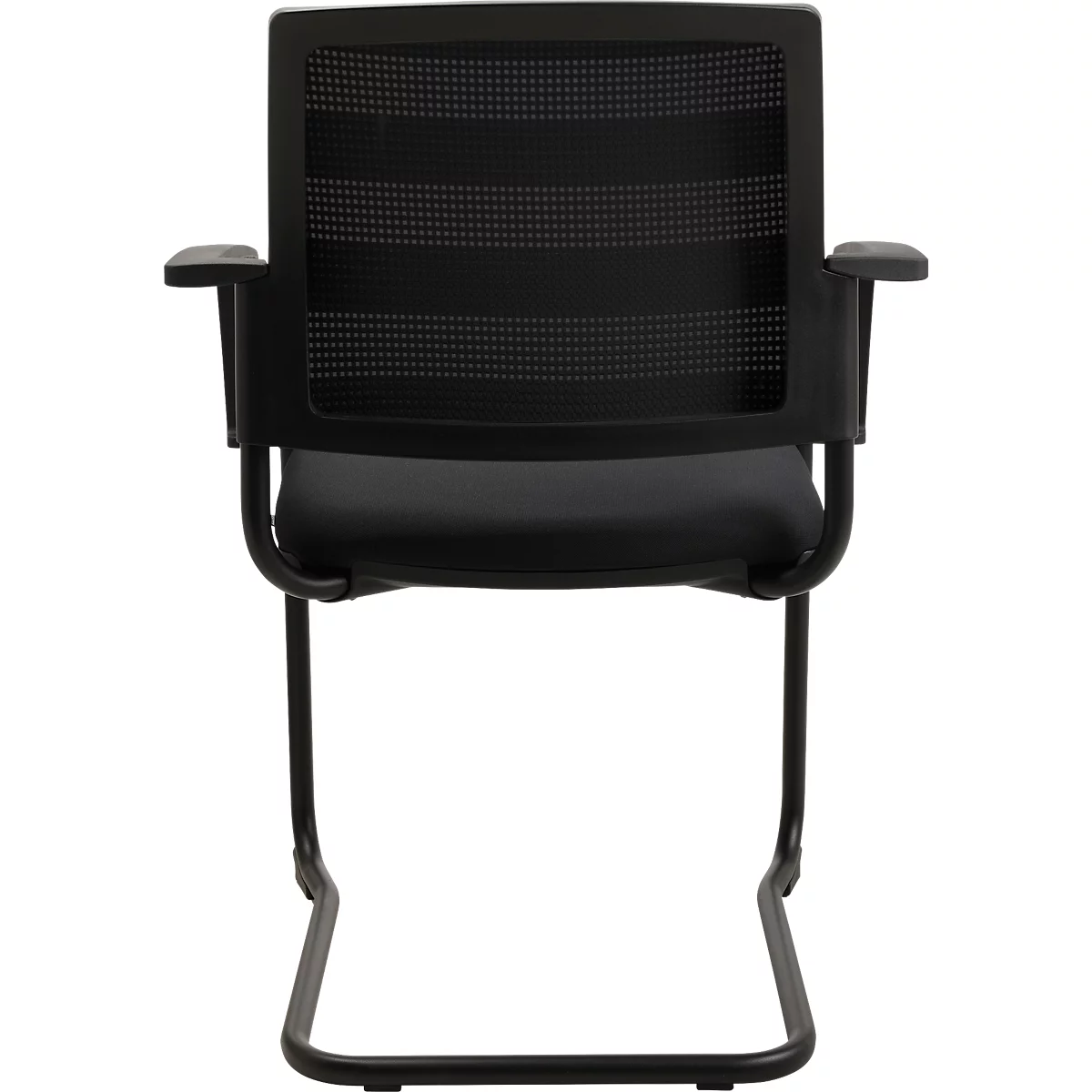 Zwarte bureaustoel. Rugleuning met mesh-stof, zitbekleding, armleuningen. Metalen frame.