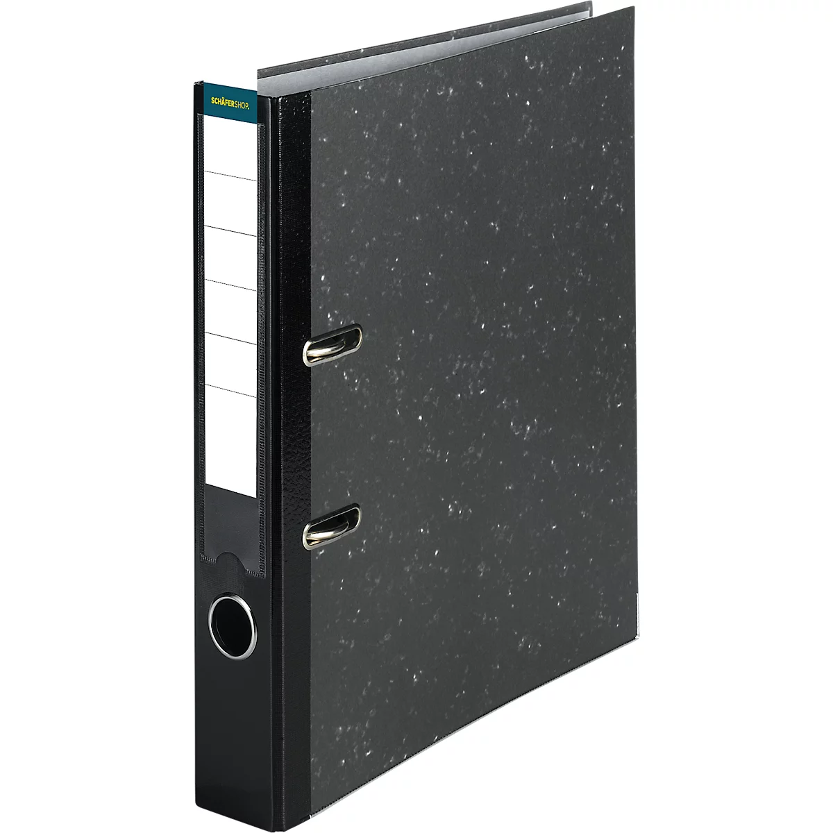 Black file folder with white label and silver metal rings.