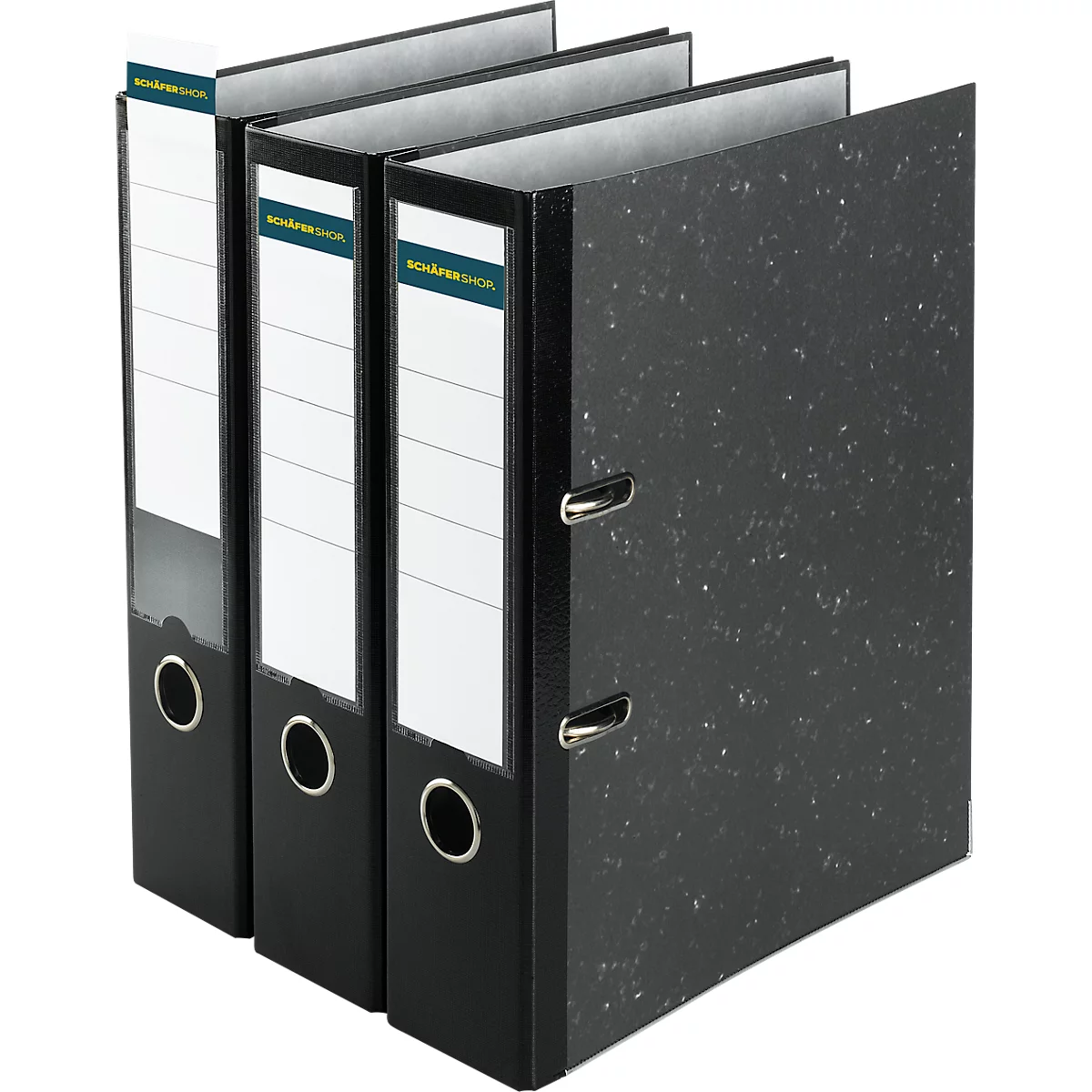 Three black binders with white labels, gray speckled covers, and metal clasps stand next to each other.