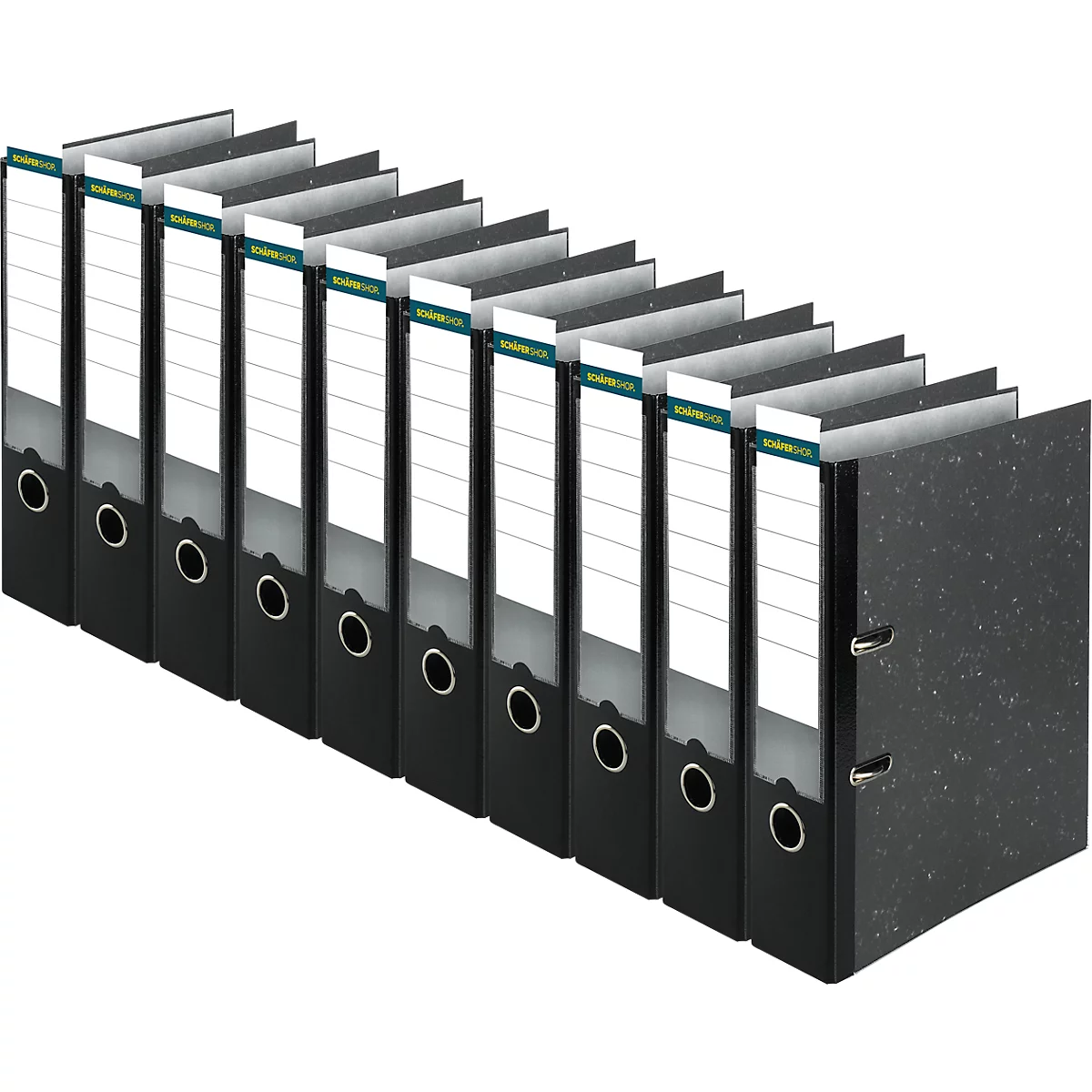 Row of black lever arch files with white labels. One binder is open.