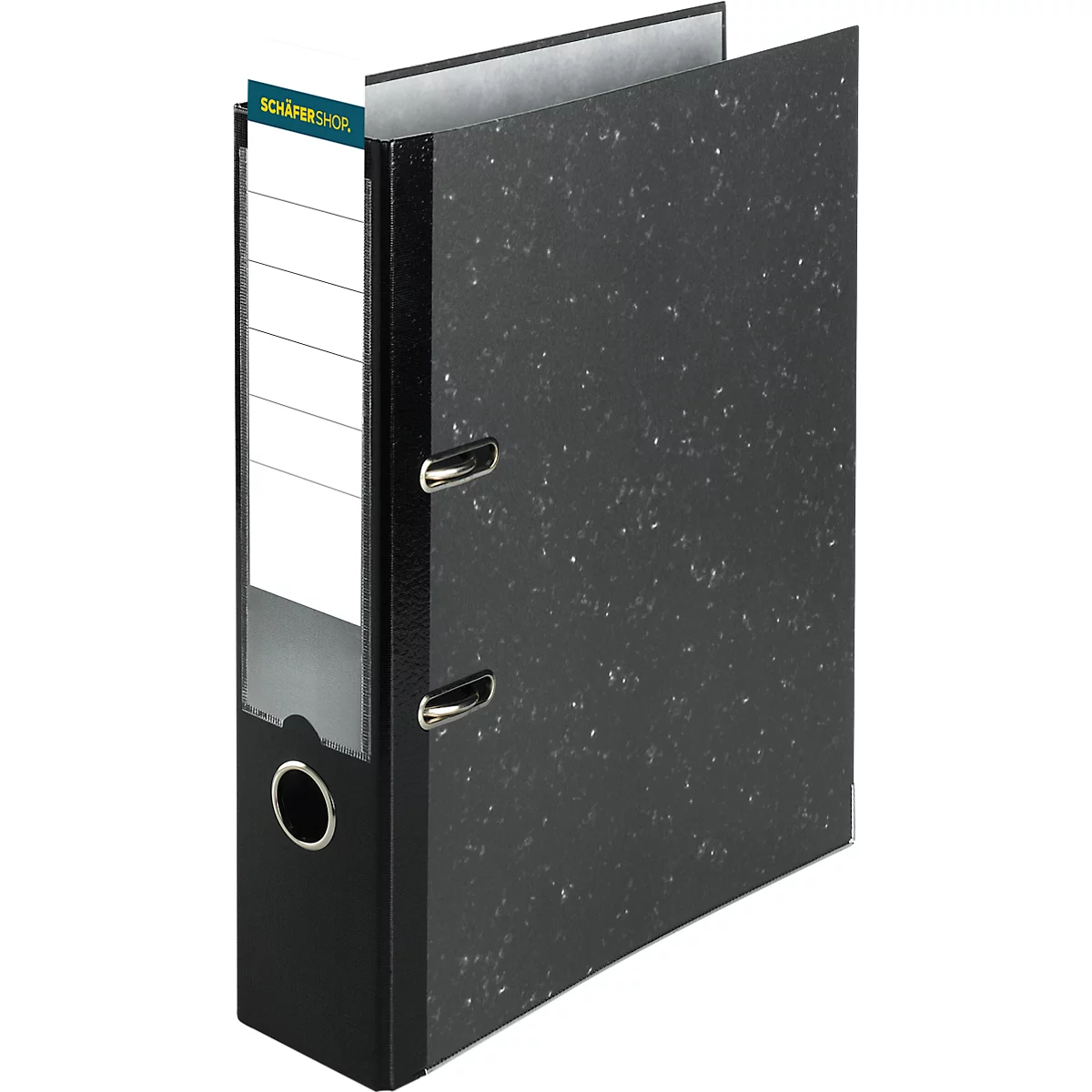 Black binder with gray dots, 'SCHÄFERSHOP' label, open pages.