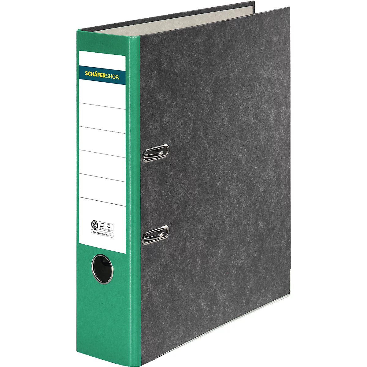 Green and gray binder with empty label for notes.