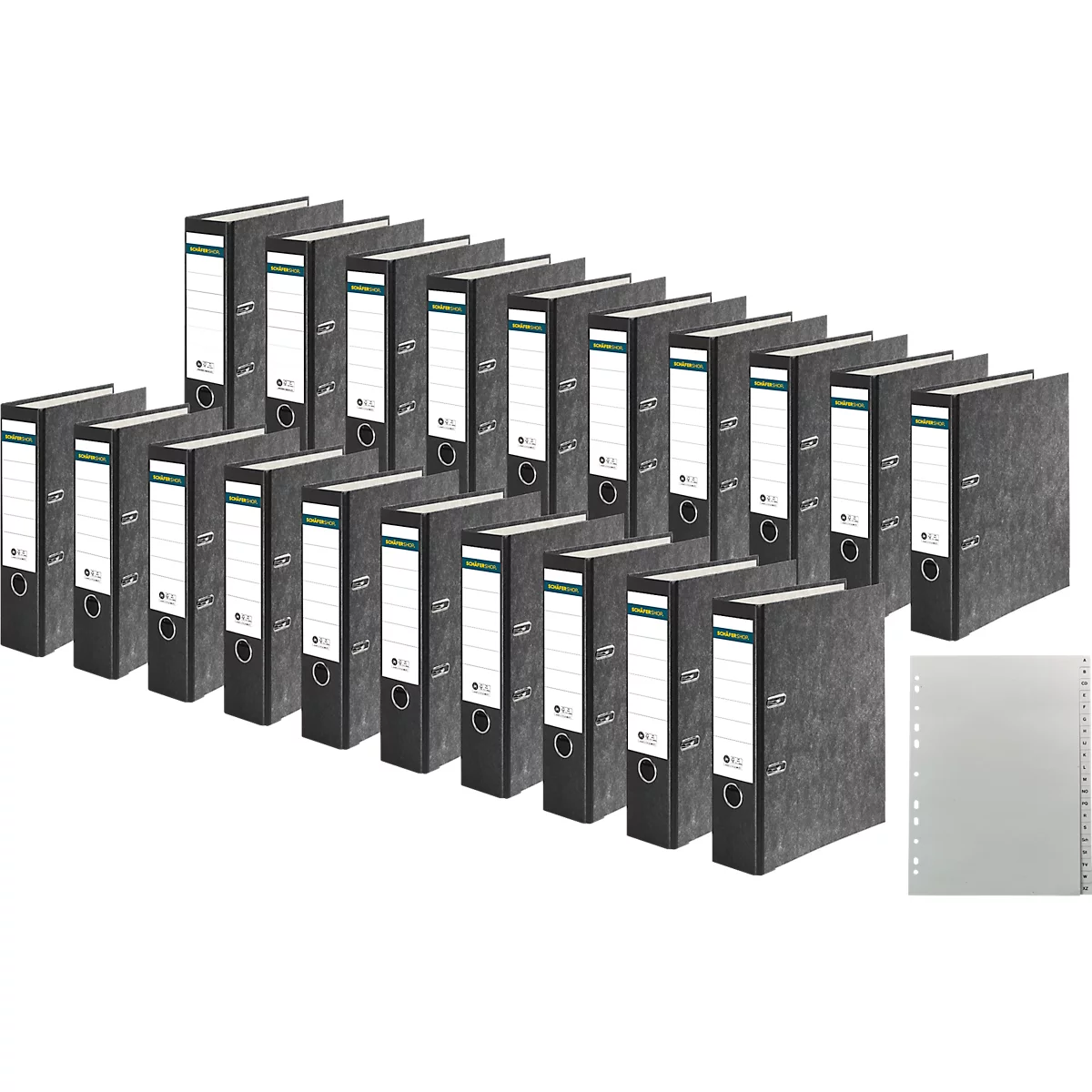 An arrangement of grey binders with white labels. Some sheets are placed next to them.