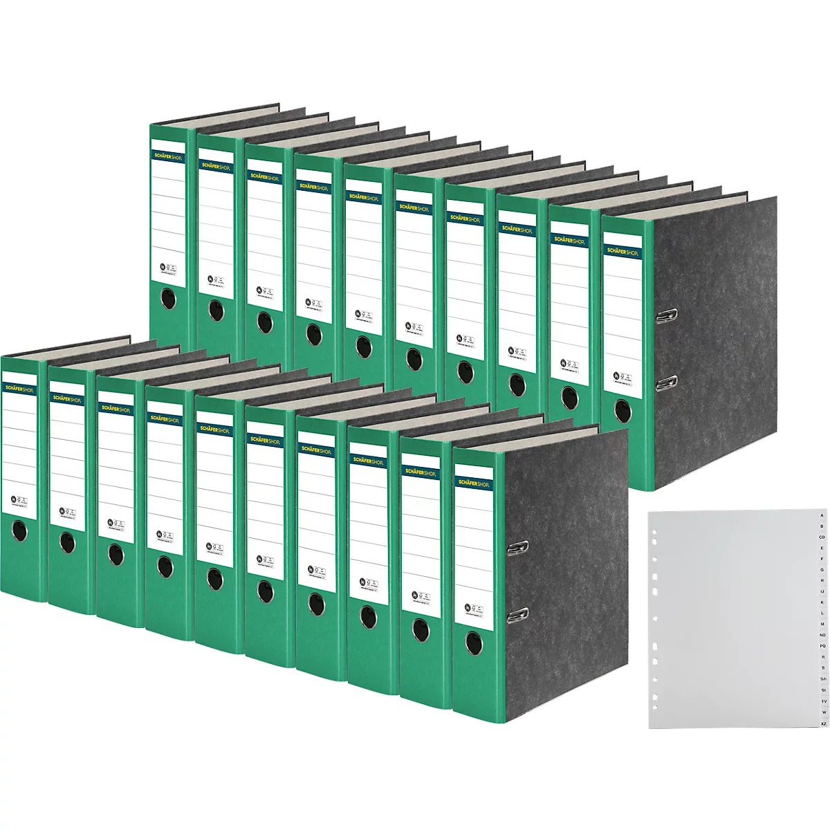 Green file folders in two stacks, next to gray file folders, a folder cover set.