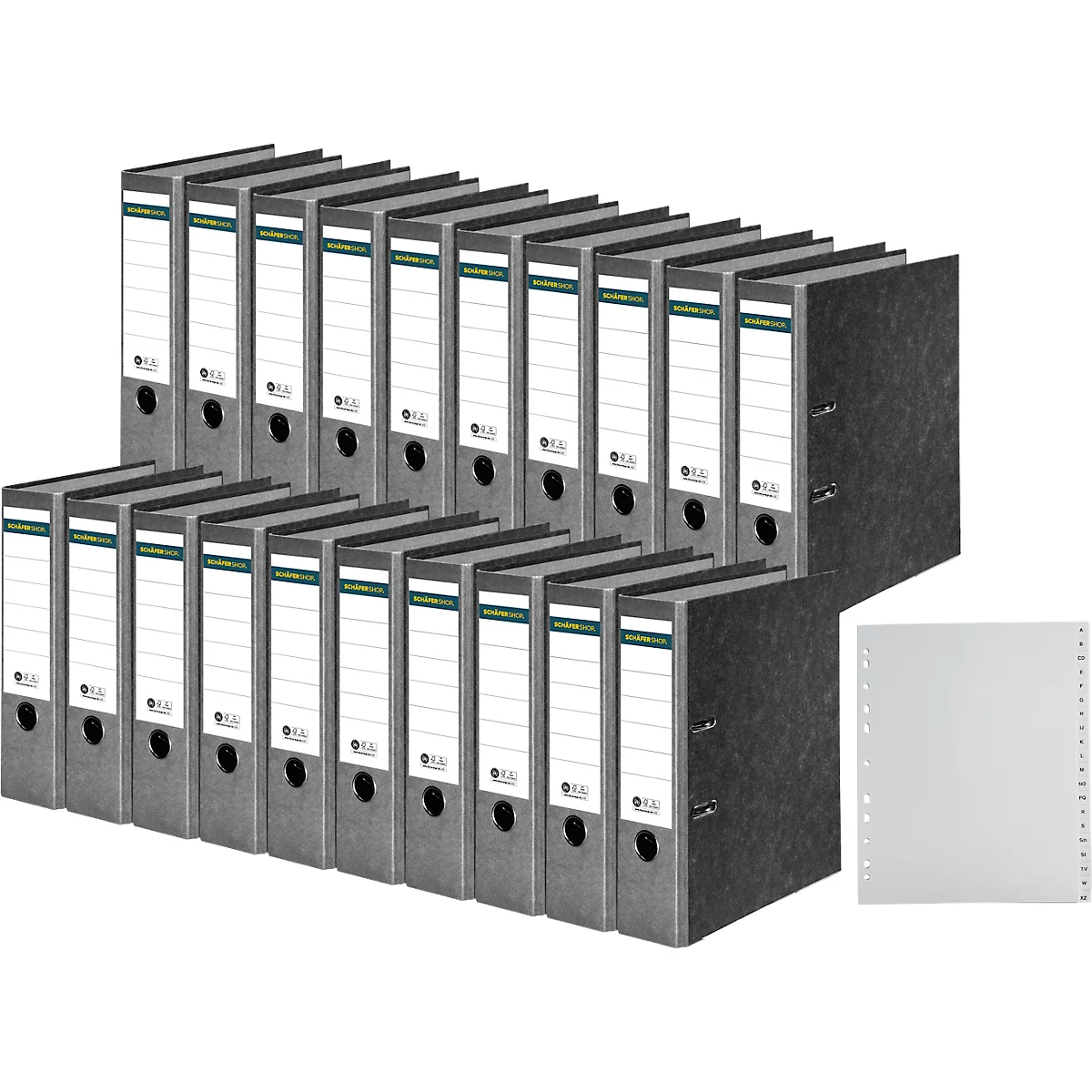 Gray file folders with white labels and a single sheet of hole-punched paper.