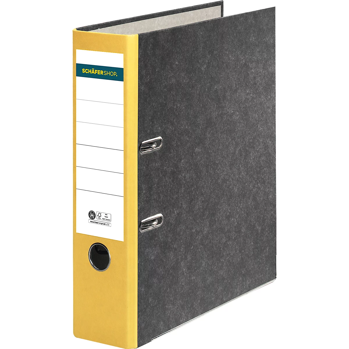 Binder with yellow edge and label. Dark gray, open pages, metal rings. The lettering "SCHÄFER SHOP" can be seen.