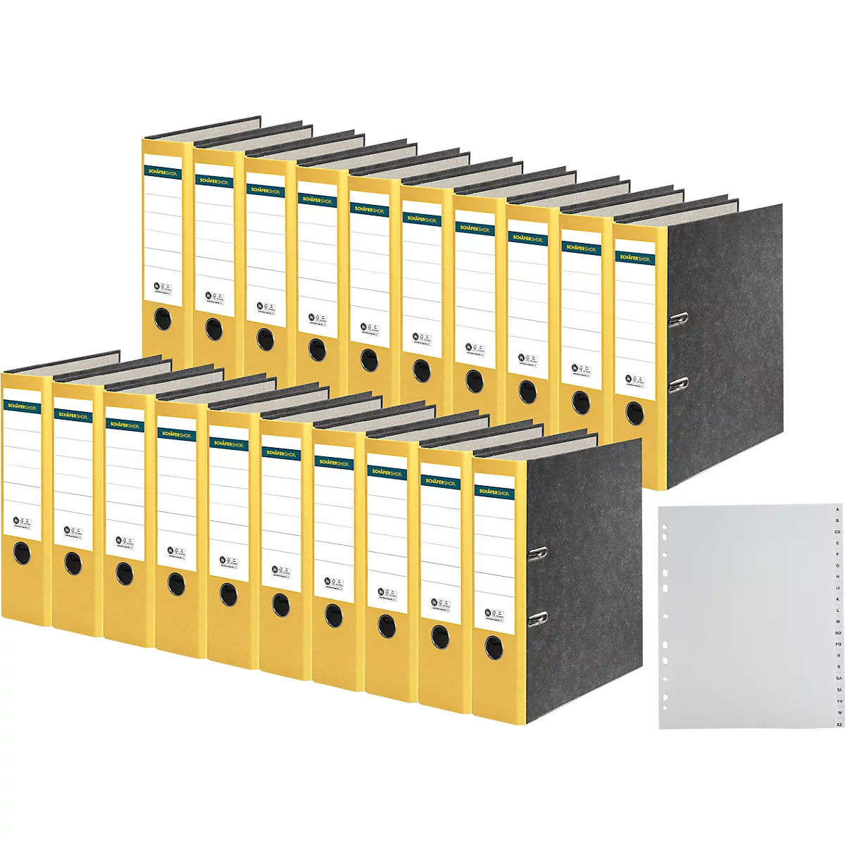 Stacked dark grey and yellow file folders with individual clear sheet protectors beside.