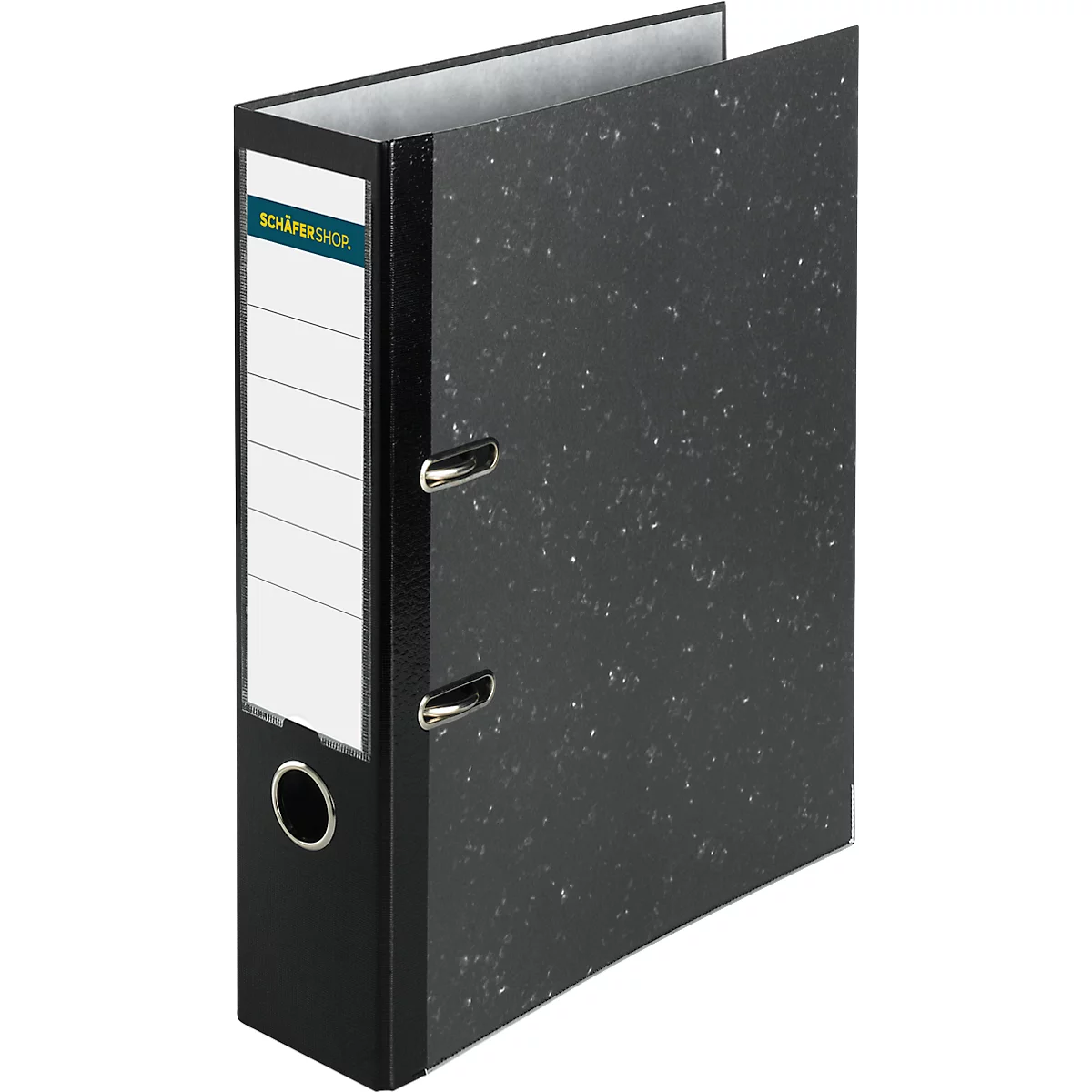 Black file folder with white label and silver rings. Text: Schäfershop.